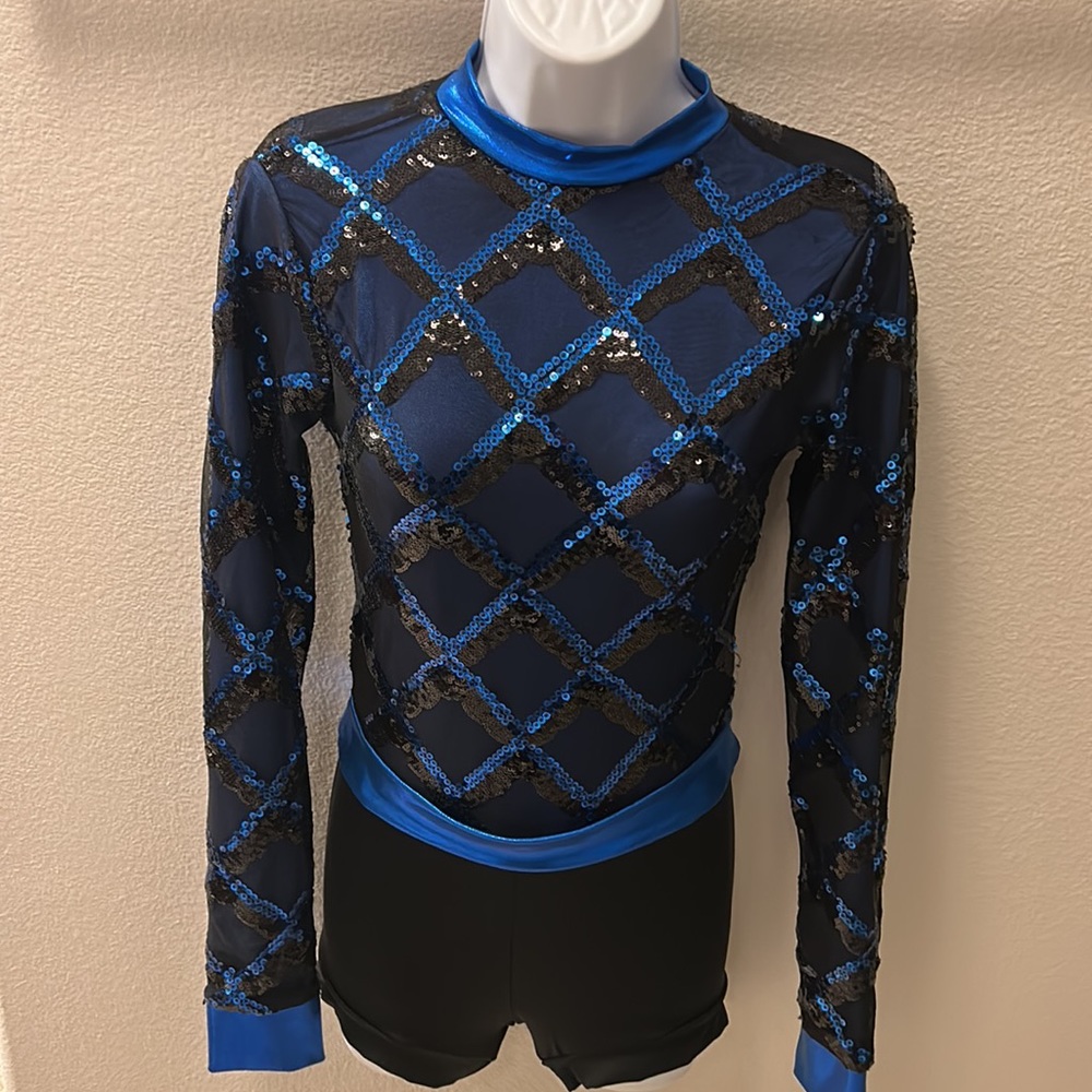 Weissmans dance recital costume biketard blue and blk sequins long sleeved NWOT